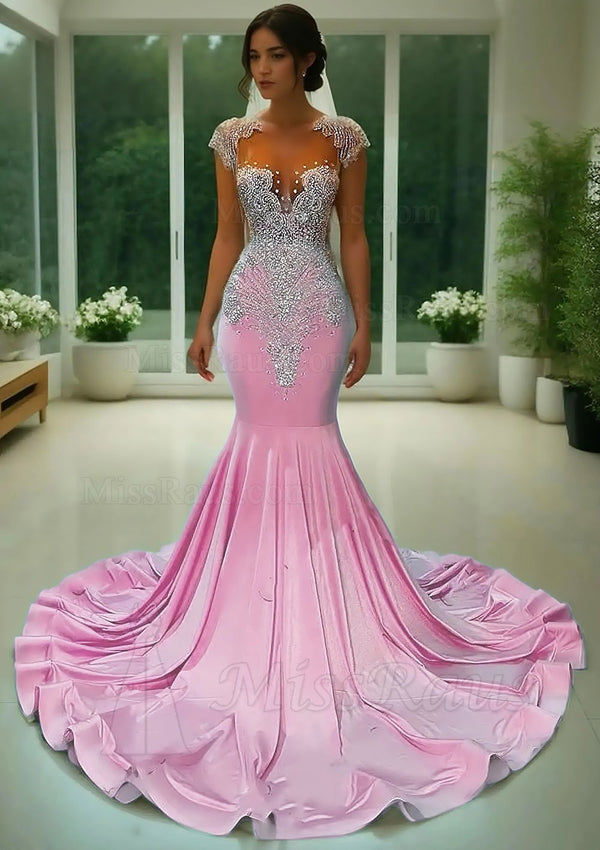 Pink Mermaid Elastic Satin Capped Sleeves Beaded Long Prom Dress