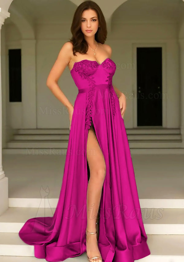 A Line Satin Sweetheart Fuchsia Side Slit Long Prom Dress With Appliques