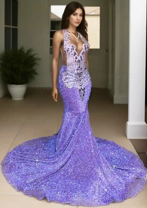 Mermaid Lavender Sequence Halter Beaded Long Prom Dress