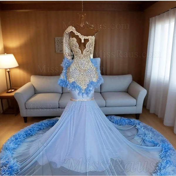 Light Sky Blue Mermaid Chiffon One Sleeves Long Beaded Prom Dress With Feathers