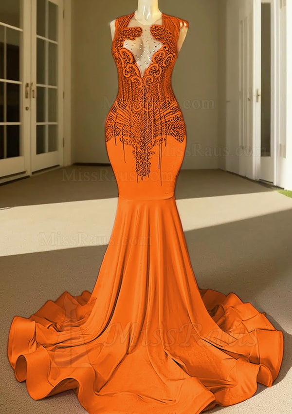 Round Neck Orange Sheath Beaded Elastic Satin Long Prom Dress With Diamonds
