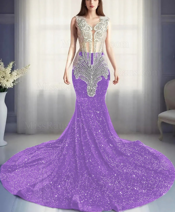 Sheath Beaded Sequence Lilac Round Neck Long Prom Dress With Diamonds
