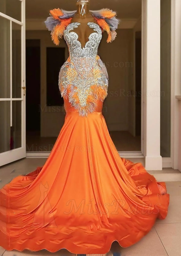 Orange Elastic Satin Mermaid Long Prom Dress With Diamonds And Feathers