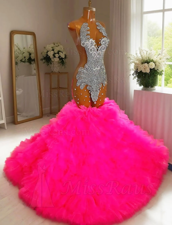 Hot Pink Mermaid Tulle Ruffles Long Prom Dress With Diamonds And Mesh
