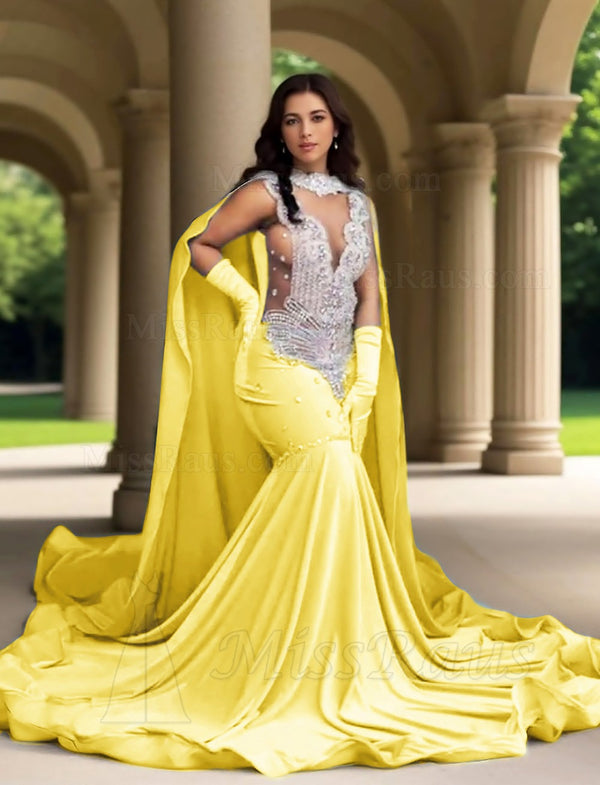 Yellow Mermaid Long Sleeves High Neck Beaded Matte Satin Long Prom Dress With Diamonds