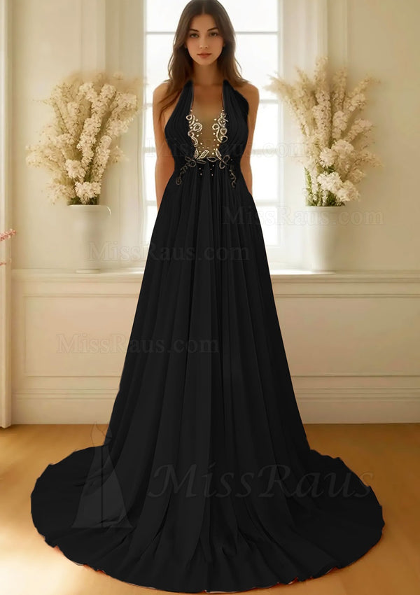A Line Halter Chiffon Blush Pink Long Prom Dress With Beads And Ruffles