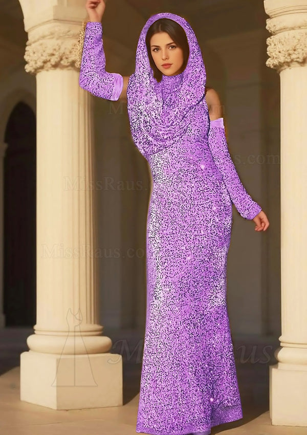 Lilac Floor Length Sheath Sequence High Neck Long Prom Dress
