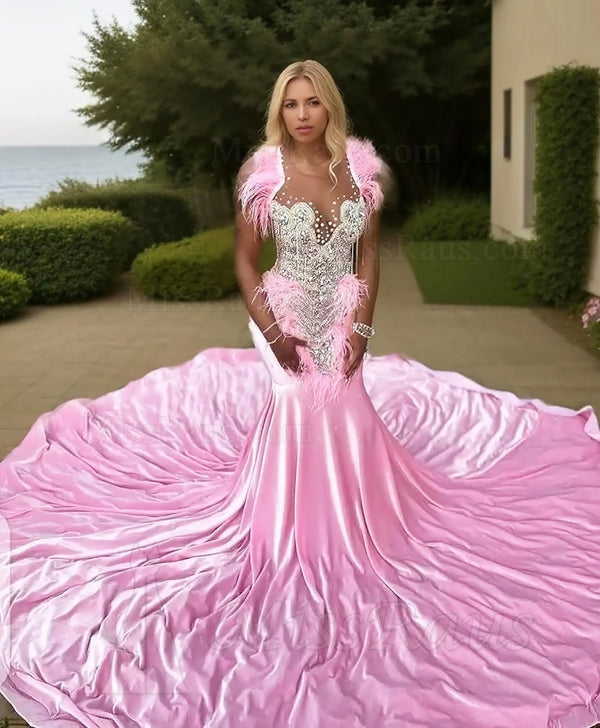 Pink Mermaid Elastic Satin Long Sleeves Beaded Long Prom Dress With Feathers
