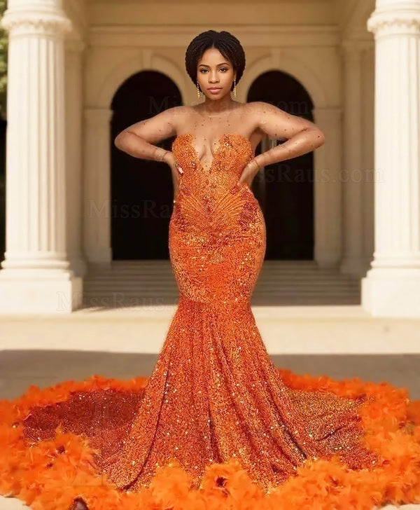 Mermaid Orange Sequence Long Sleeves Beaded Prom Dress With Diamonds