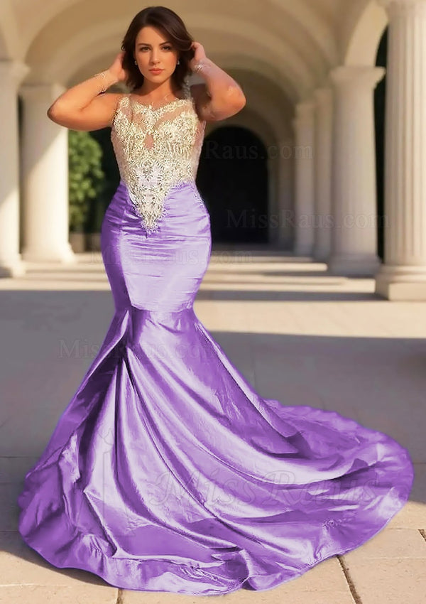 Mermaid Elastic Satin Lilac Long Prom Dress With Appliques