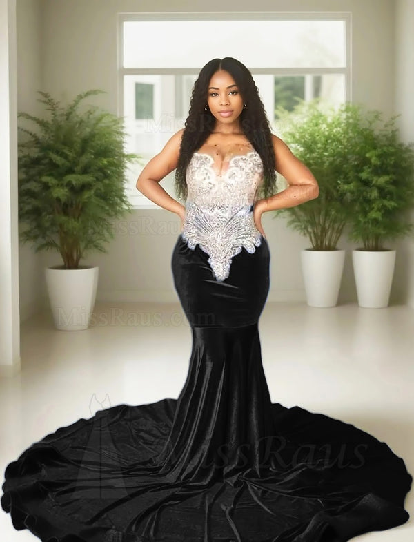 Black Velvet Beaded Round Neck Long Prom Dress With Diamonds