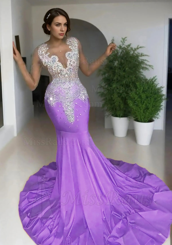 Mermaid Lilac Long Sleeves Beaded Elastic Satin Long Prom Dress With Diamonds