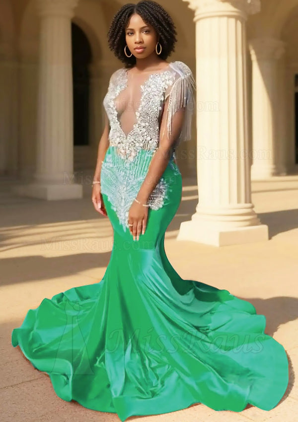 Mermaid Velvet Emerald Beaded Round Neck Long Sleeves Long Prom Dress With Diamonds