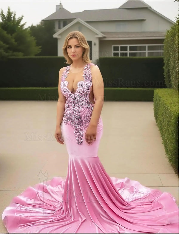 Pink Mermaid Velvet Round Neck Long Prom Dress With Diamonds