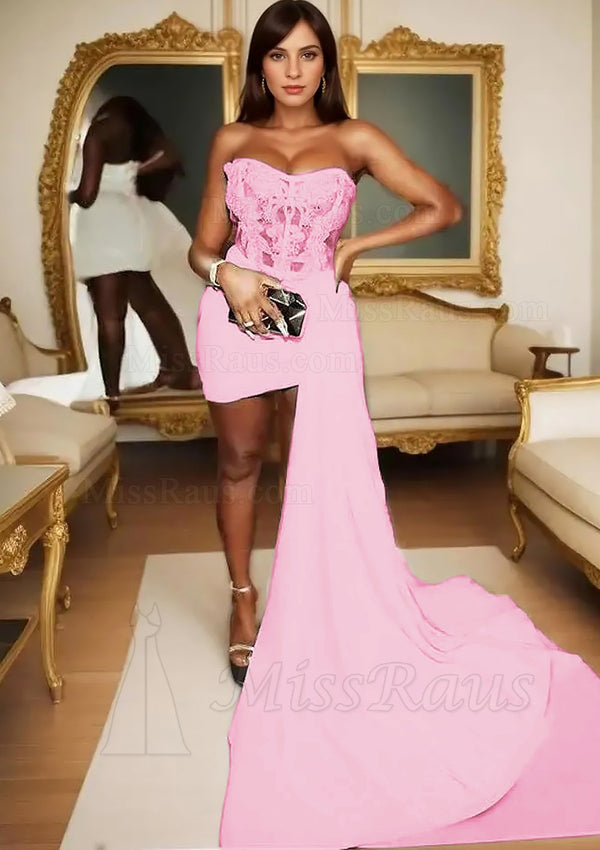 Pink Sheath Knee Length Satin Sweetheart Short Prom Dress With Appliques
