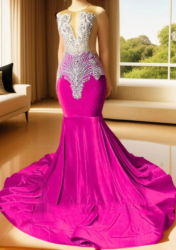 Mermaid Long Sleeves Fuchsia Beaded Round Neck Long Prom Dress