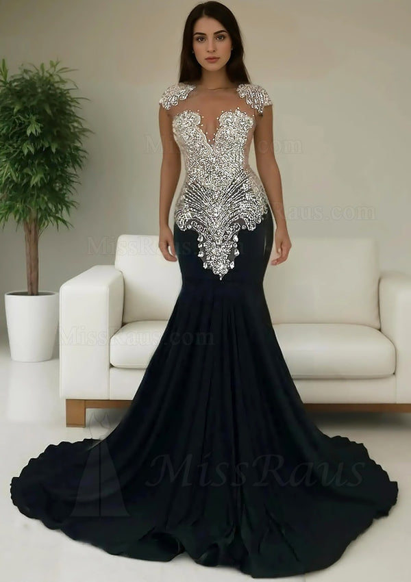 Mermaid Black Elastic Satin Round Neck Long Prom Dress With Diamonds
