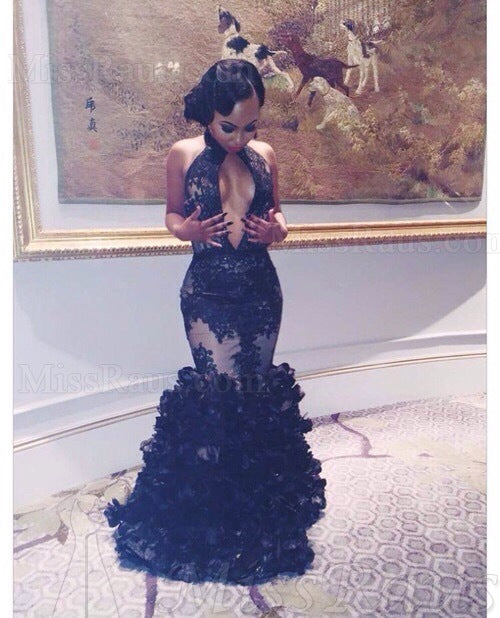 2025 Black Mermaid Tulle Open Font Halter Long Prom Dress With Appliques