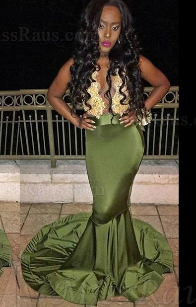 2025 Sheath Silk Like Satin Army Green Long Prom Dress With Appliques