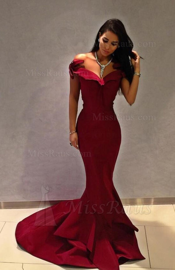 Mermaid Off Shoulder Burgundy Satin Long Satin Prom Dress 2025
