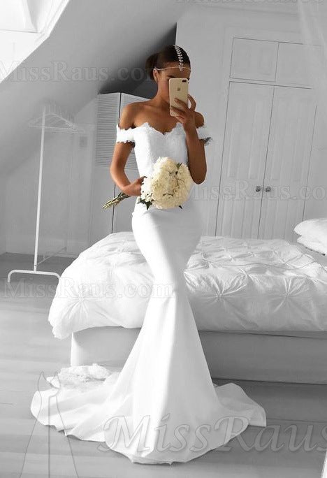 White Mermaid Sweetheart Off Shoulder Satin Long Prom Dress 2025