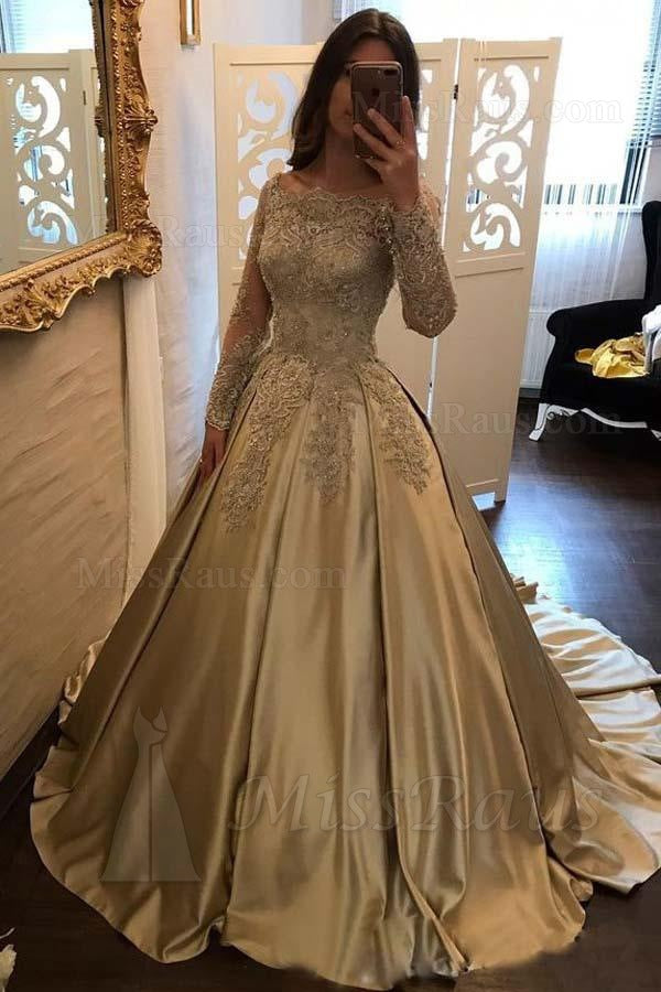 A Line Champagne Long Sleeves Off Shoulder Satin Prom Dress With Appliques. 2025