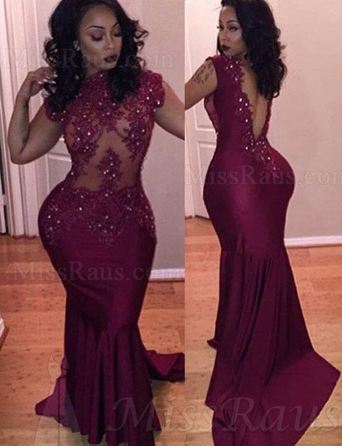 Burgundy Open Back Sheath Capped Sleeves Silk Like Satin Long Prom Dress