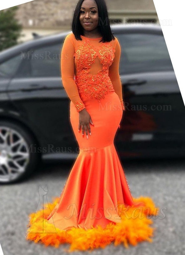 2025 Mermaid Orange Long Sleeves Prom Dress With Feathers