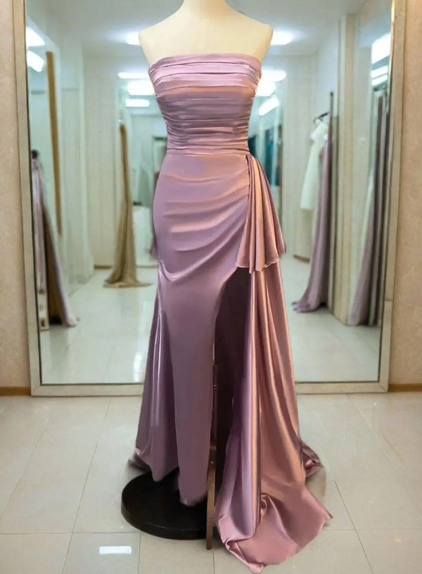 Sheath Silk Like Satin Dusty Rose Side Slit Strapless Long Prom Dress