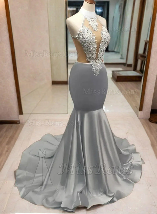 Silver Mermaid High Neck Long Silk Like Satin Prom Dress With Applique