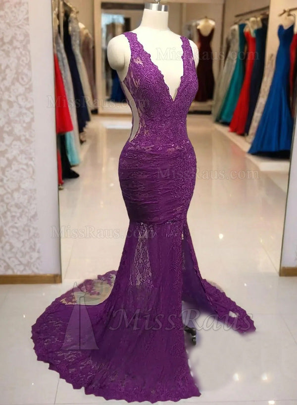Purple Sheath V Neck Ruched Side Slit Lace Long Prom Dress