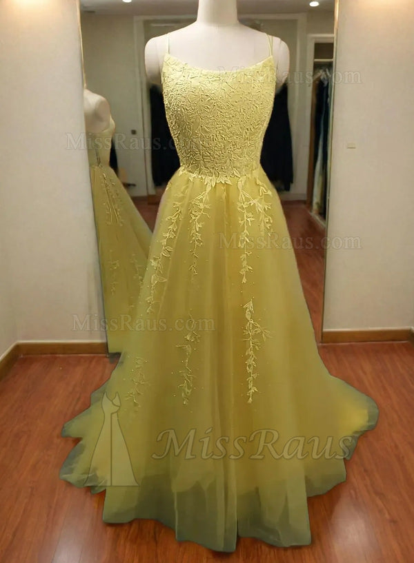 A Line Halter Tulle Yellow Prom Dress With Applique