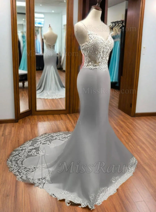 Silver Mermaid Silk Like Satin Sweetheart Spaghetti Straps Long Prom Dress