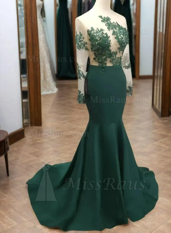 Long Sleeves Bateau Hunter Green Long Prom Dress With Applique