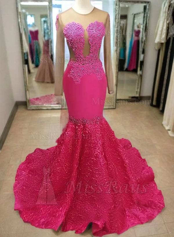 Fuchsia Mermaid Long Sleeves Bateau Long Prom Dress With Applique