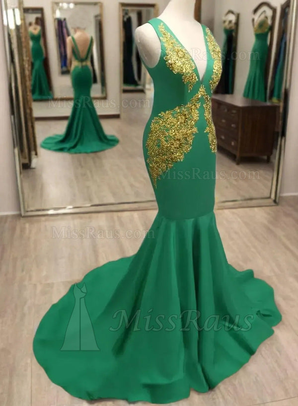 Mermaid Emerald Green With Gold Patterns V Neck Long Prom Dress