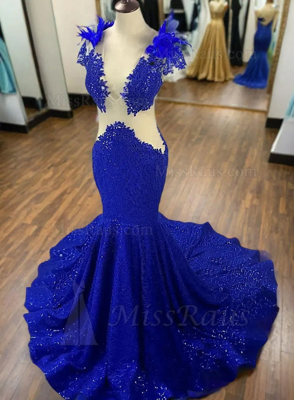 Royal Blue V Neck Sequence Mermaid Long Prom Dress With Feathers