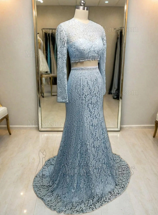 Long Sleeves Light Sky Blue Two Pieces Lace Prom Dress With Beads