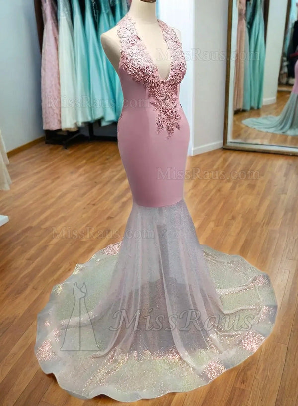 Sheath Pink V Neck Halter Beaded Long Prom Dress