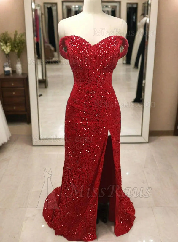 Red Sheath Off Shoulder Side Slit Sequence Long Prom Dress