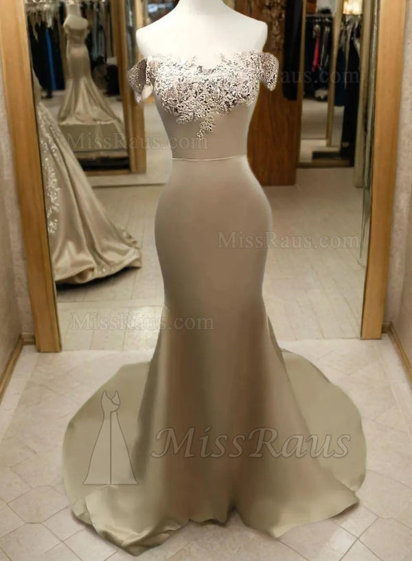 Sheath Off Shoulder Silk Like Satin Champagne Long Prom Dress With Beads