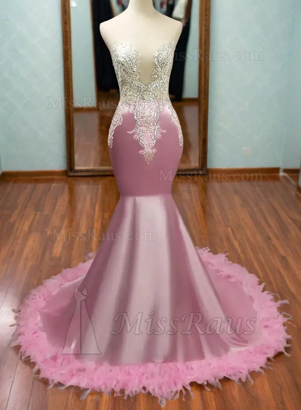 Pink Mermaid Silk Satin Long Beaded Prom Dress With Feathers