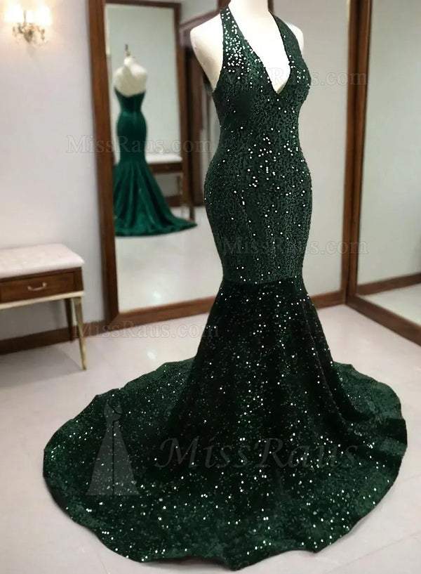 Mermaid V Neck Sequence Hunter Green Long Prom Dress