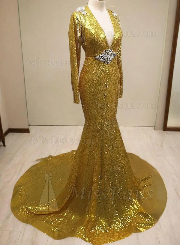 Gold Mermaid Long Sleeves V Neck Sequence Long Prom Dress With Bead