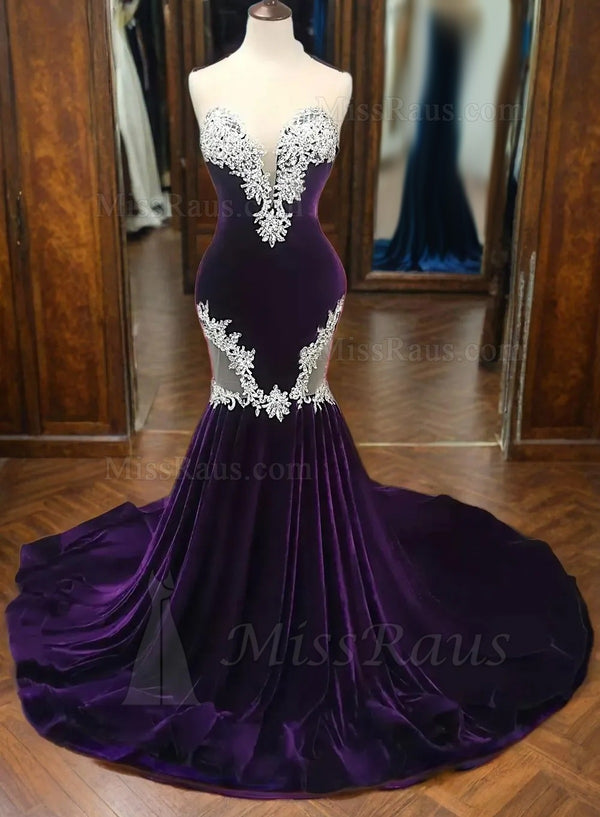 Purple Mermaid Sweetheart Velvet Long Prom Dress With Appliques