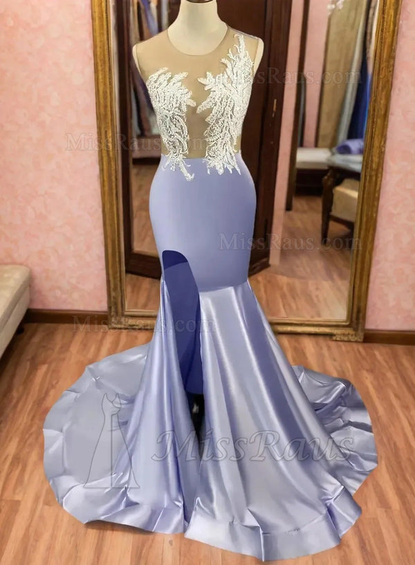 Sheath Lavender Side Slit Silk Like Satin Prom Dress With Appliques