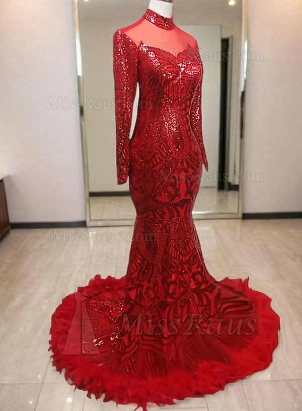 Red Mermaid Lace High Neck Long Sleeves Prom Dress With Feathers
