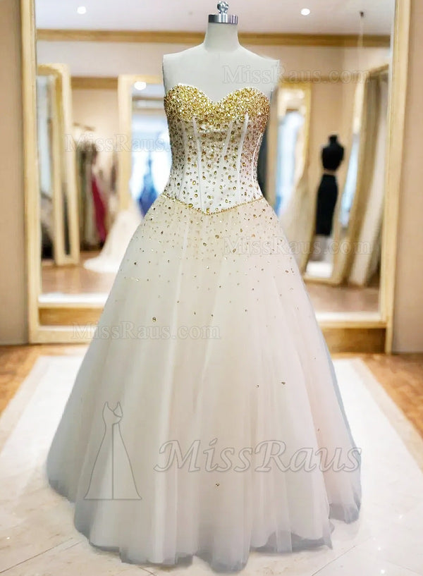 A Line Sweetheart Tulle Champagne Long Prom Dress With Beads
